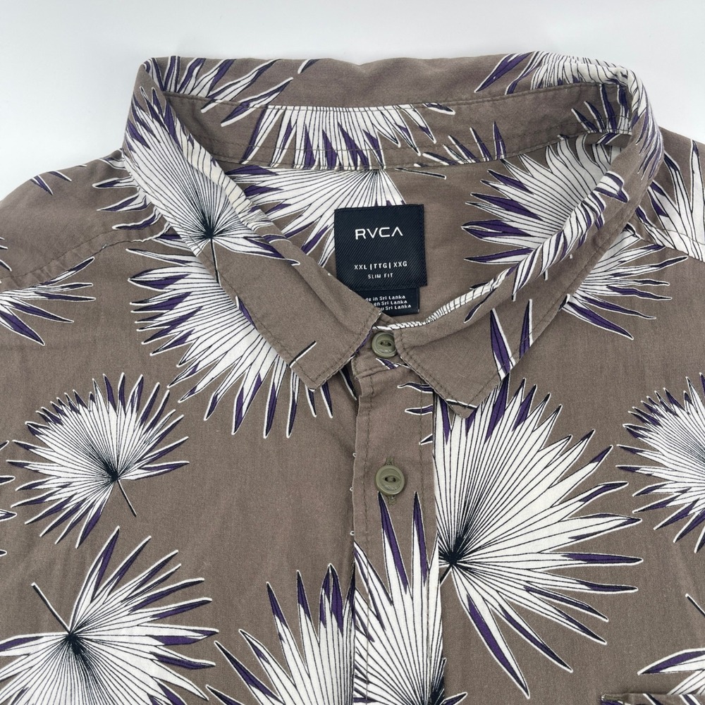RVCA Mens XXL Slim Fit Short Sleeve Button Up Shirt Tropical Leaf Print Brown - Picture 2 of 11